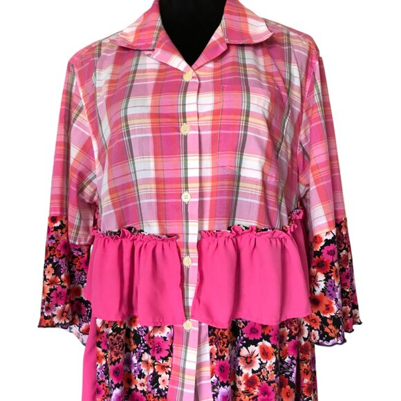 Handmade Upcycled Boho Tunic, Size Large: Pink Ruffled Patchwork Top - Picture 8 of 13